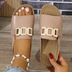 Women's Flat Slide Sandals with Wide Structured Strap and Gold-Tone Linked Hardware Detail