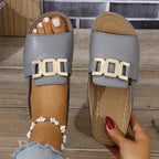 Women's Flat Slide Sandals with Wide Structured Strap and Gold-Tone Linked Hardware Detail