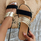 Women's Flat Slide Sandals with Wide Toe Strap and Multi-Strand Gold-Tone Bar Strap