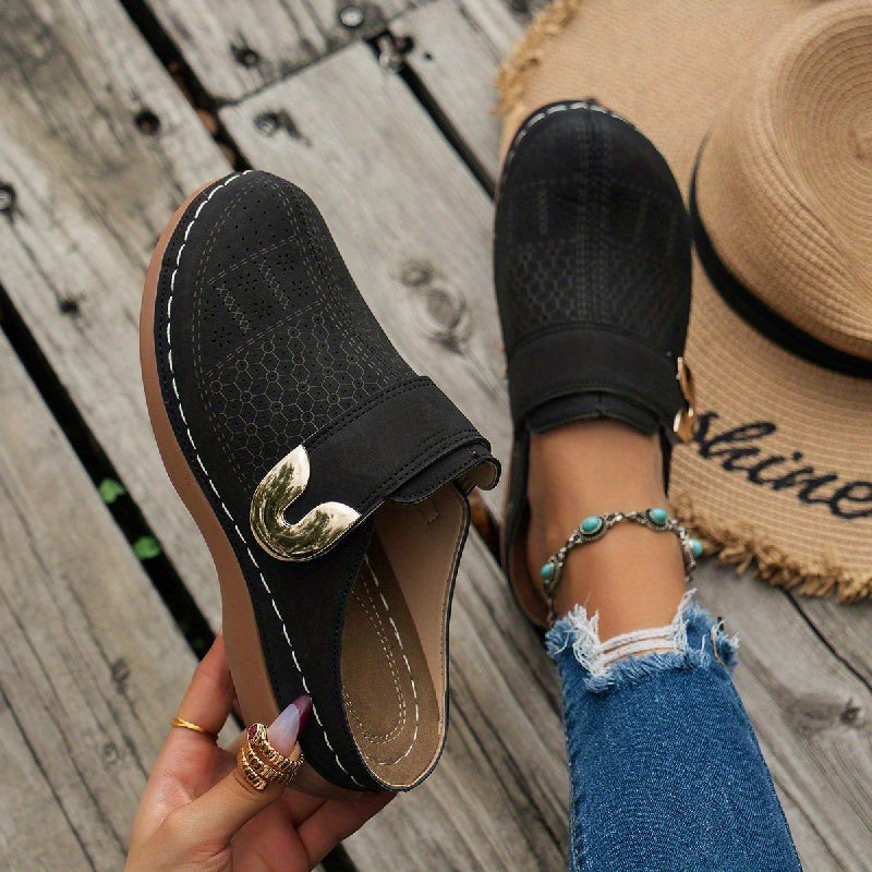 Women's Flat Slip On Mules with Cut-Out Upper and Gold Hardware