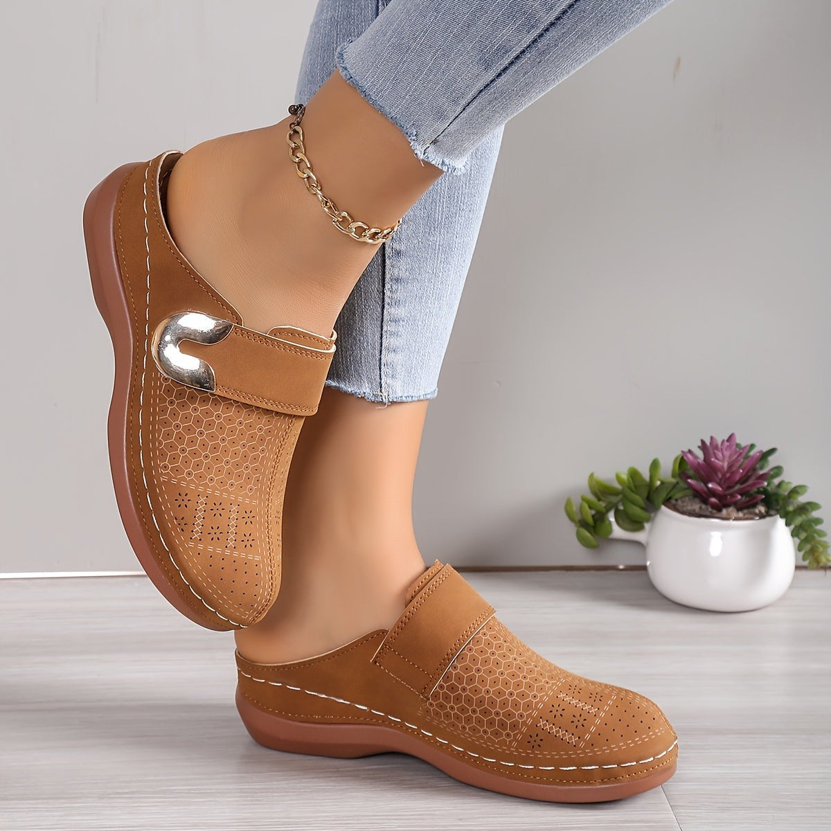 Women's Flat Slip On Mules with Cut-Out Upper and Gold Hardware