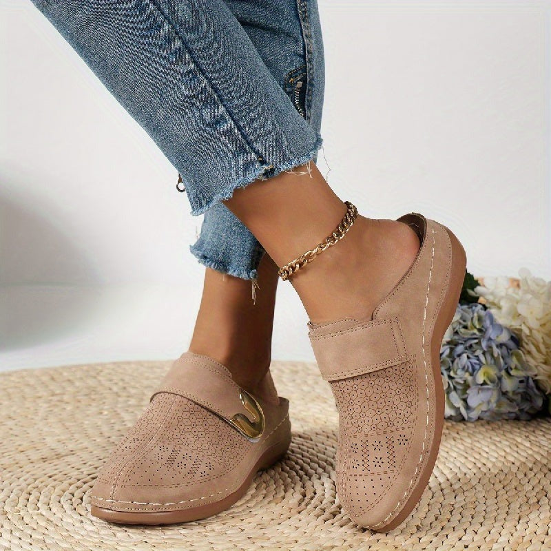 Women's Flat Slip On Mules with Cut-Out Upper and Gold Hardware