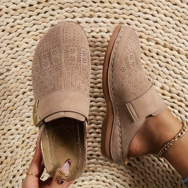 Women's Flat Slip On Mules with Cut-Out Upper and Gold Hardware