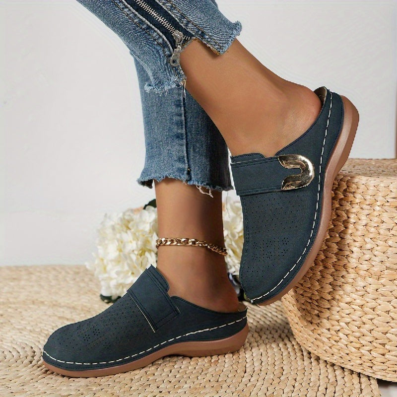 Women's Flat Slip On Mules with Cut-Out Upper and Gold Hardware