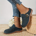 Women's Flat Slip On Mules with Cut-Out Upper and Gold Hardware