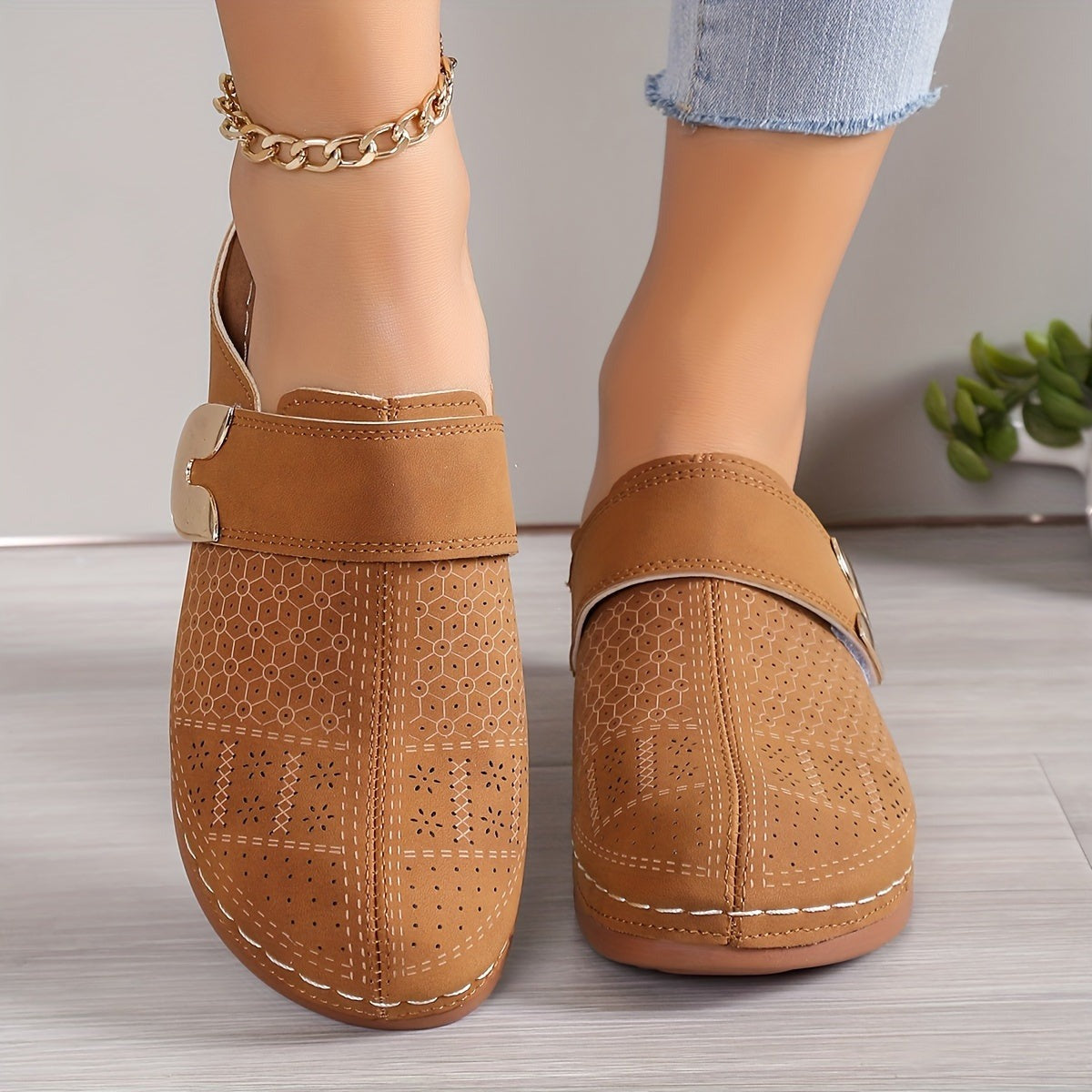 Women's Flat Slip On Mules with Cut-Out Upper and Gold Hardware