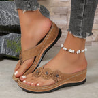 Women's Flip Flop Wedge Sandals with Floral Applique and Toe Post Strap
