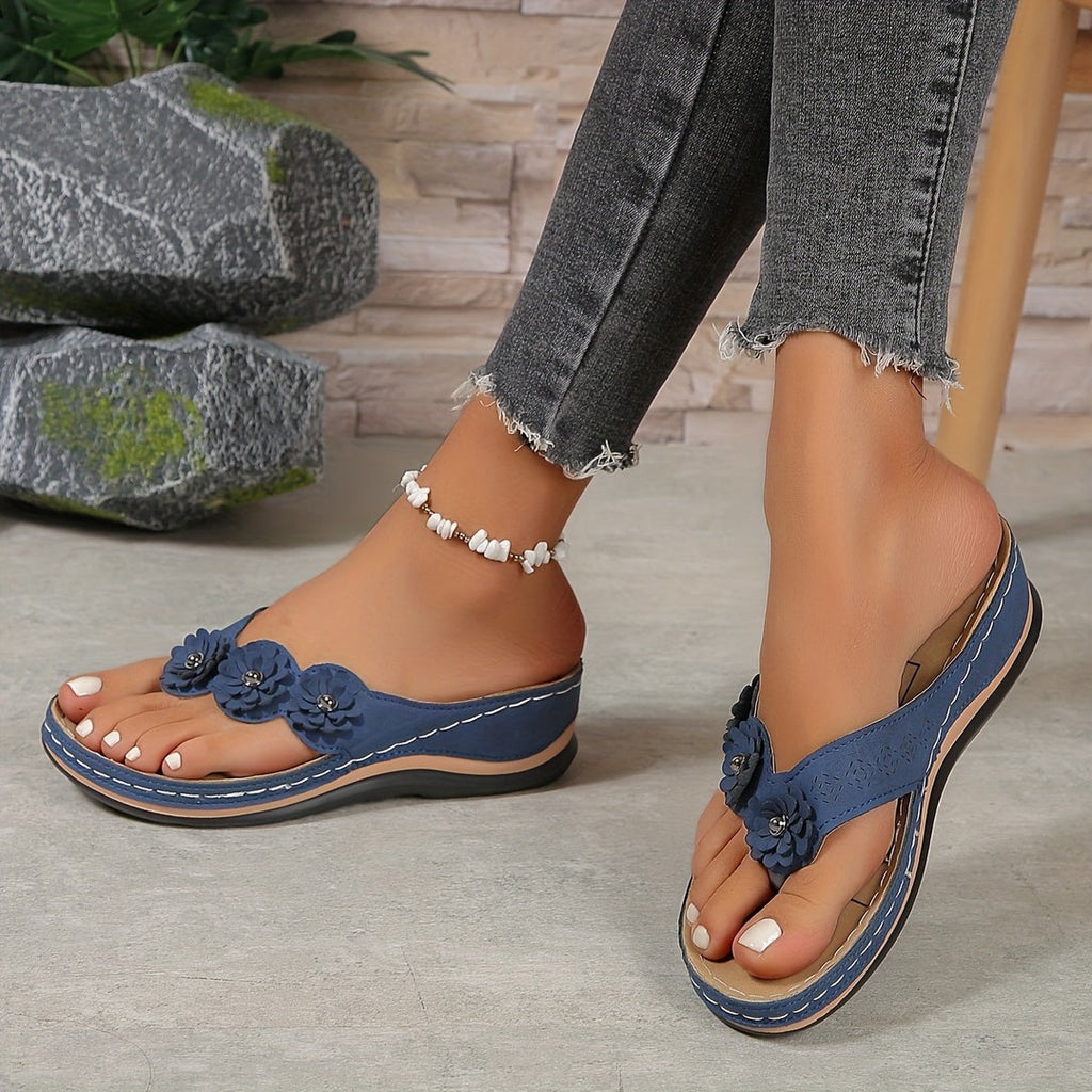Women's Flip Flop Wedge Sandals with Floral Applique and Toe Post Strap