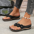 Women's Flip Flop Wedge Sandals with Floral Applique and Toe Post Strap