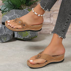 Women's Flip Flop Wedge Sandals with Floral Applique and Toe Post Strap