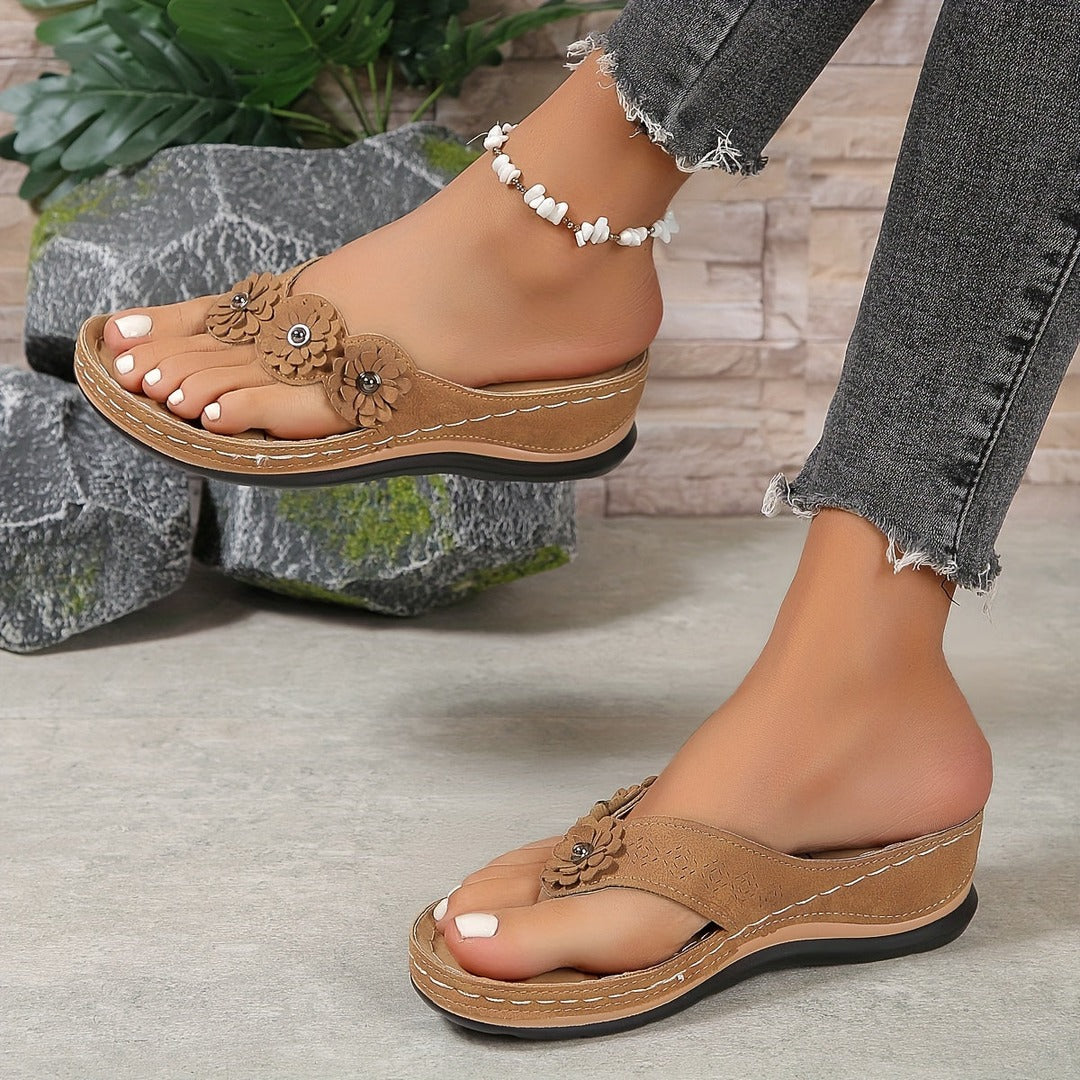 Women's Flip Flop Wedge Sandals with Floral Applique and Toe Post Strap