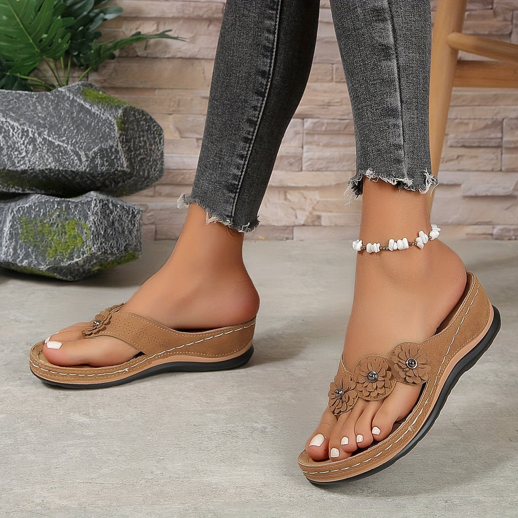 Women's Flip Flop Wedge Sandals with Floral Applique and Toe Post Strap