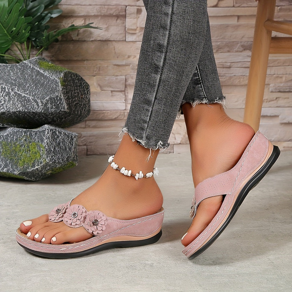 Women's Flip Flop Wedge Sandals with Floral Applique and Toe Post Strap