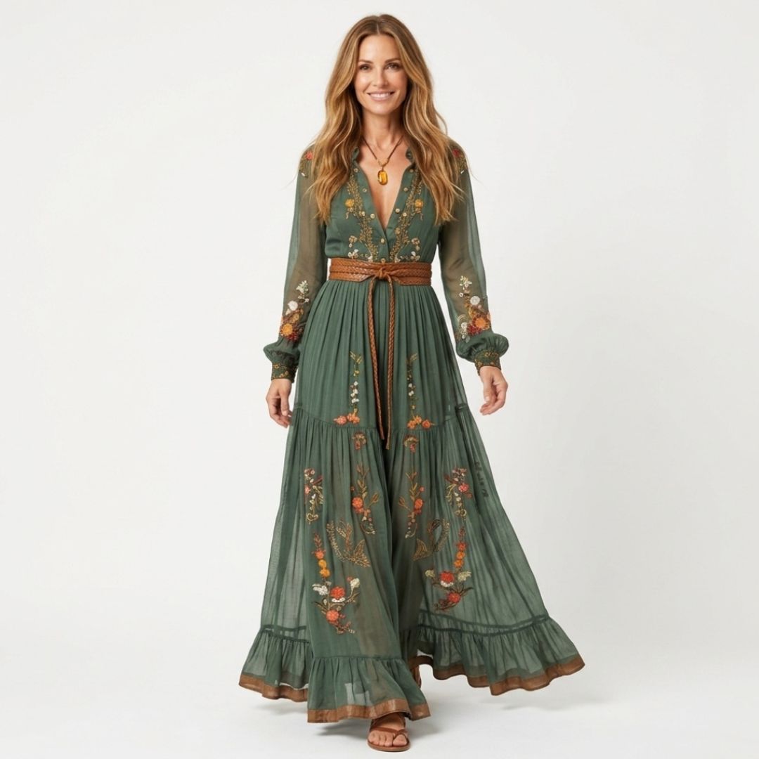 Women's Floral Embroidered Maxi Dress with Long Sleeves