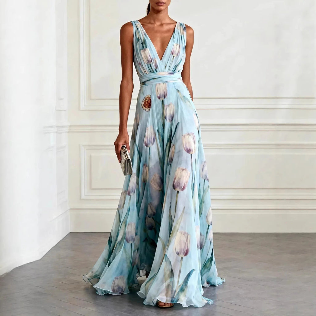 Women's Floral Evening Maxi Dress with V-Neck
