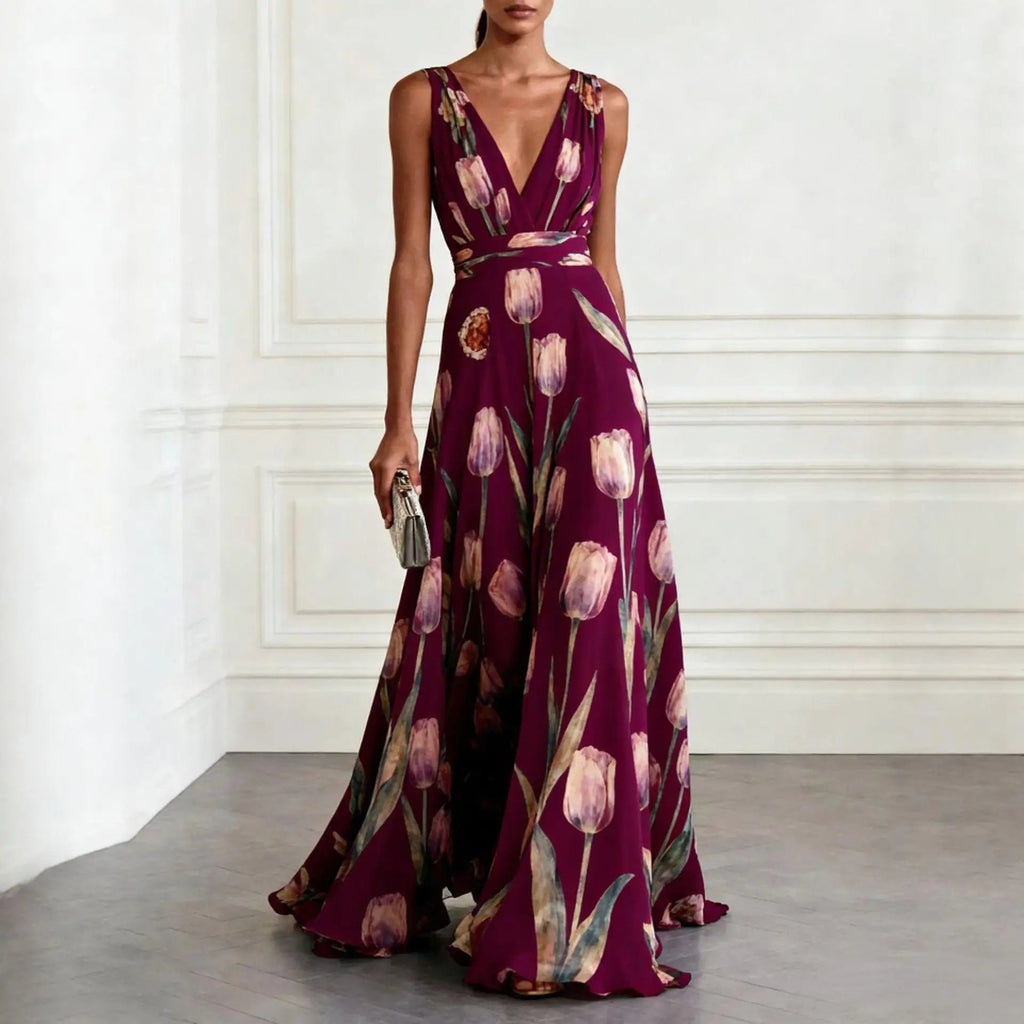 Women's Floral Evening Maxi Dress with V-Neck