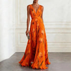 Women's Floral Evening Maxi Dress with V-Neck