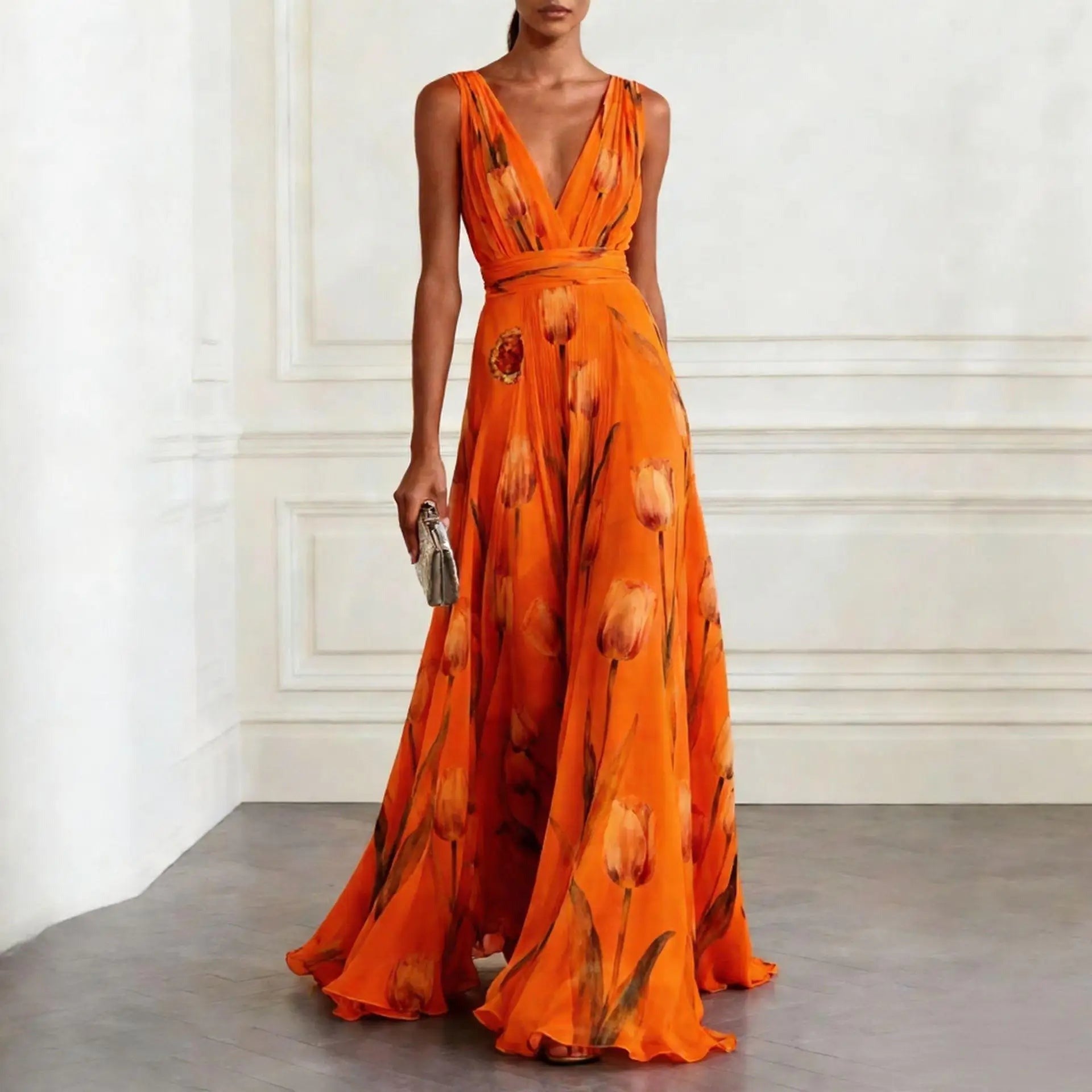 Women's Floral Evening Maxi Dress with V-Neck