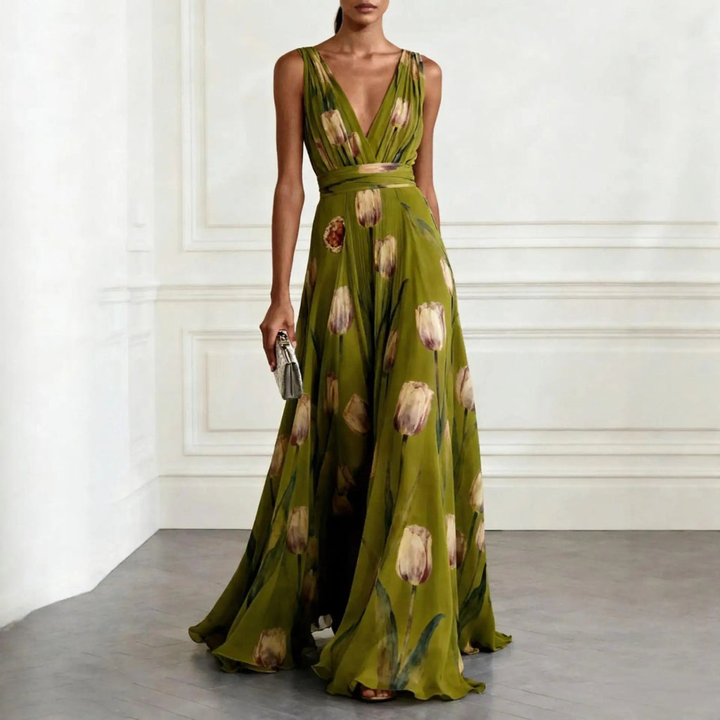 Women's Floral Evening Maxi Dress with V-Neck