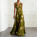 Women's Floral Evening Maxi Dress with V-Neck