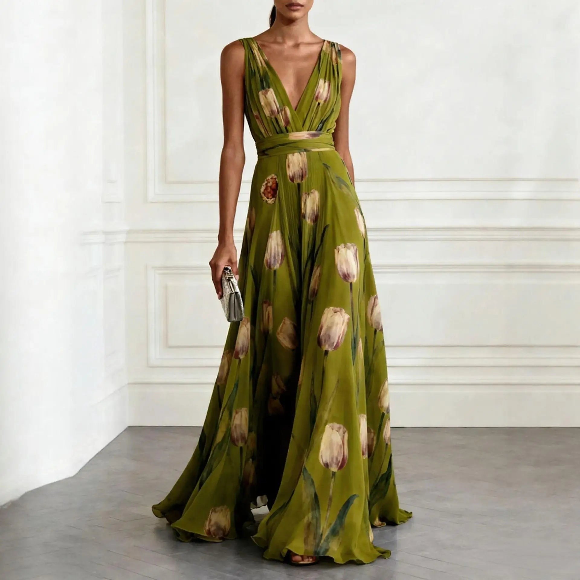 Women's Floral Evening Maxi Dress with V-Neck