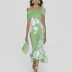 Women's Floral Evening Midi Dress with Off-Shoulder Neckline