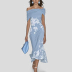 Women's Floral Evening Midi Dress with Off-Shoulder Neckline