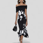 Women's Floral Evening Midi Dress with Off-Shoulder Neckline