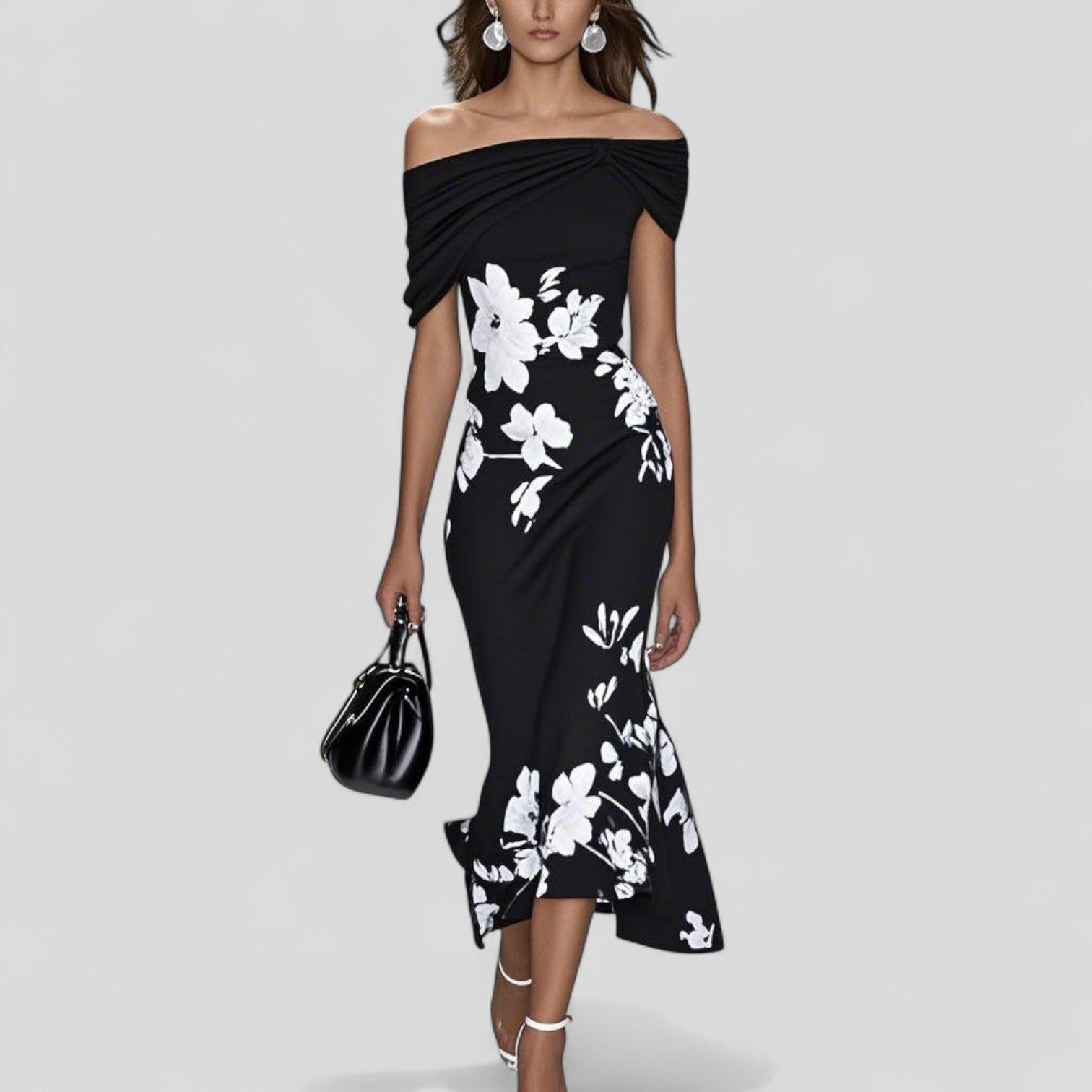 Women's Floral Evening Midi Dress with Off-Shoulder Neckline