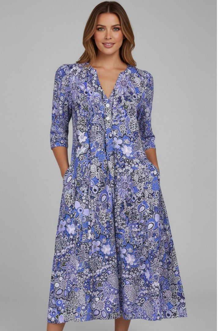 Women's Floral Midi Dress with Pockets and V-Neck