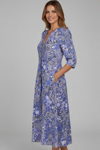 Women's Floral Midi Dress with Pockets and V-Neck