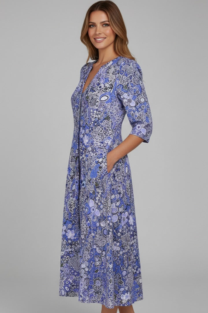 Women's Floral Midi Dress with Pockets and V-Neck