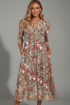 Women's Floral Midi Dress with Pockets and V-Neck