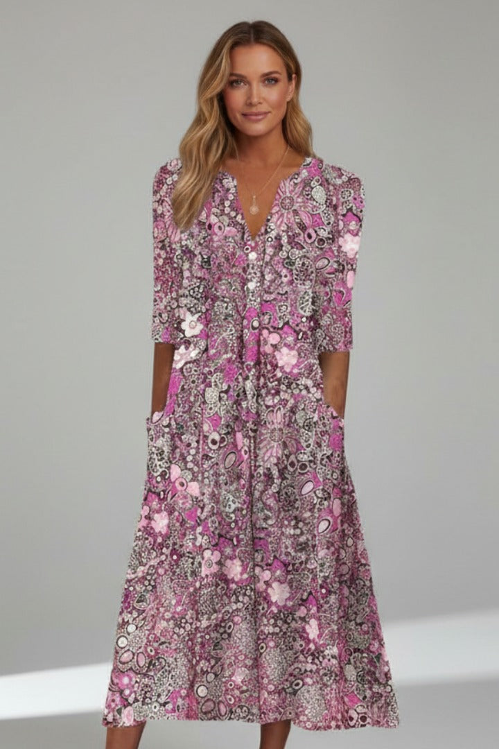 Women's Floral Midi Dress with Pockets and V-Neck