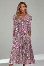 Women's Floral Midi Dress with Pockets and V-Neck