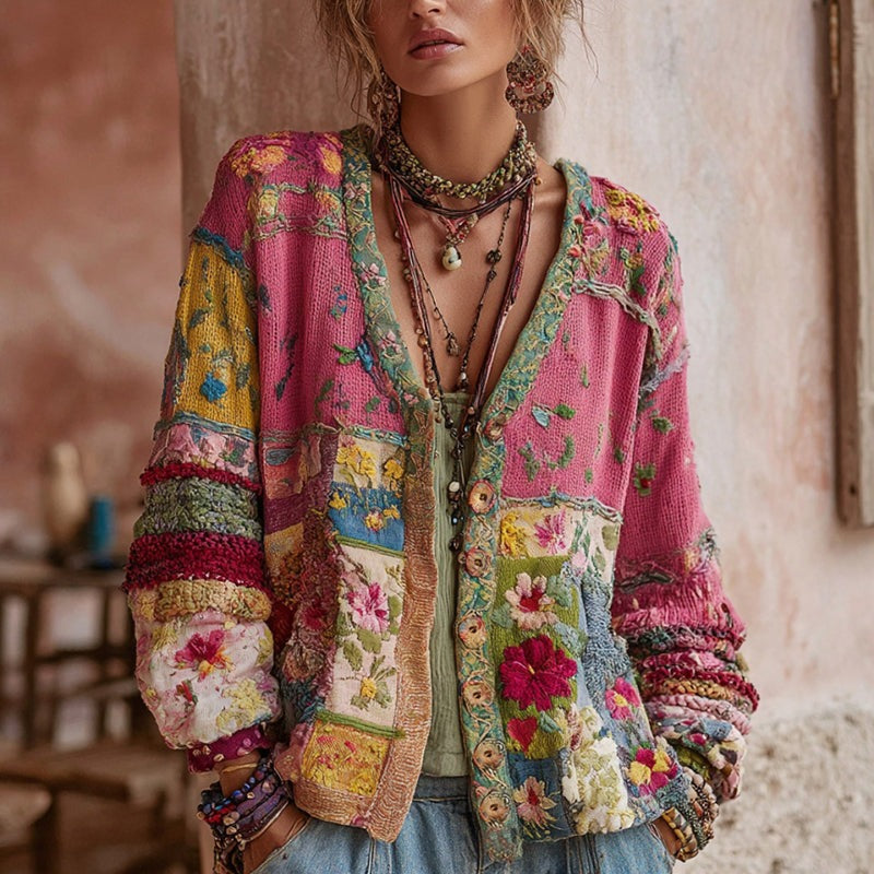 Women's Floral Patchwork Cardigan with V-Neckline