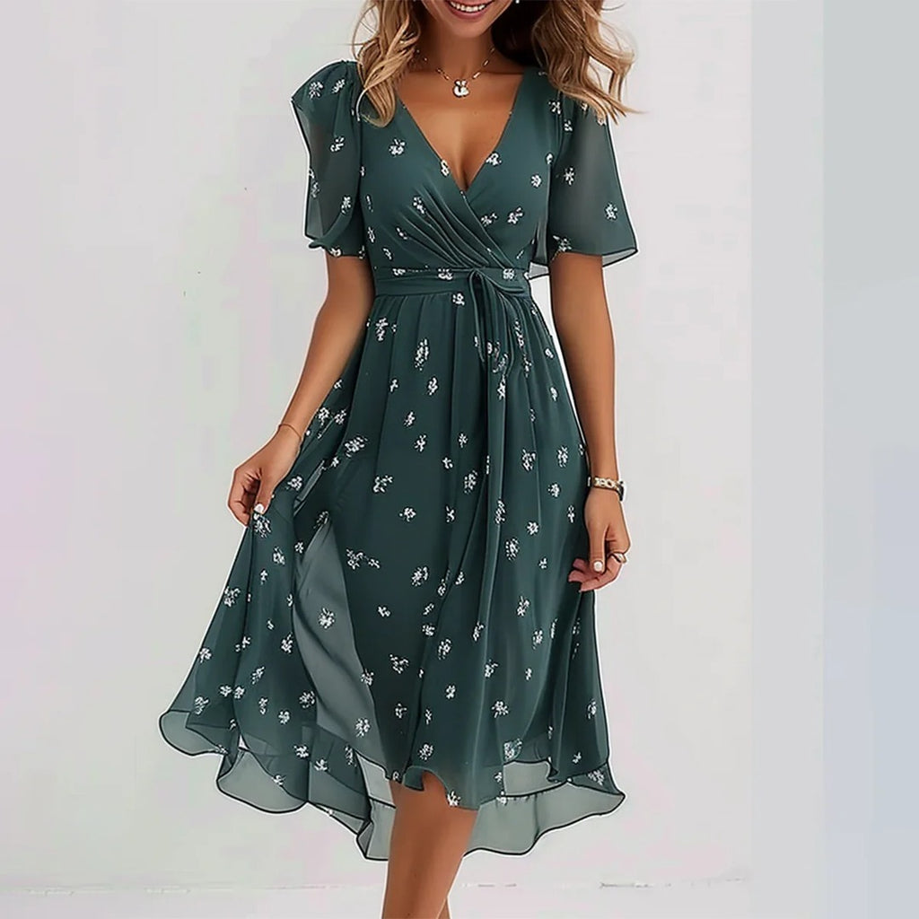 Women's Floral Print Midi Dress with V-Neckline and Short Sleeves and Gathered Waist