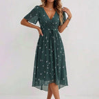Women's Floral Print Midi Dress with V-Neckline and Short Sleeves and Gathered Waist