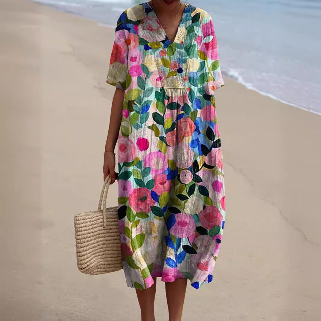 Women's Floral Print Midi Dress with V-Neckline Short Sleeves and Gathered Waist