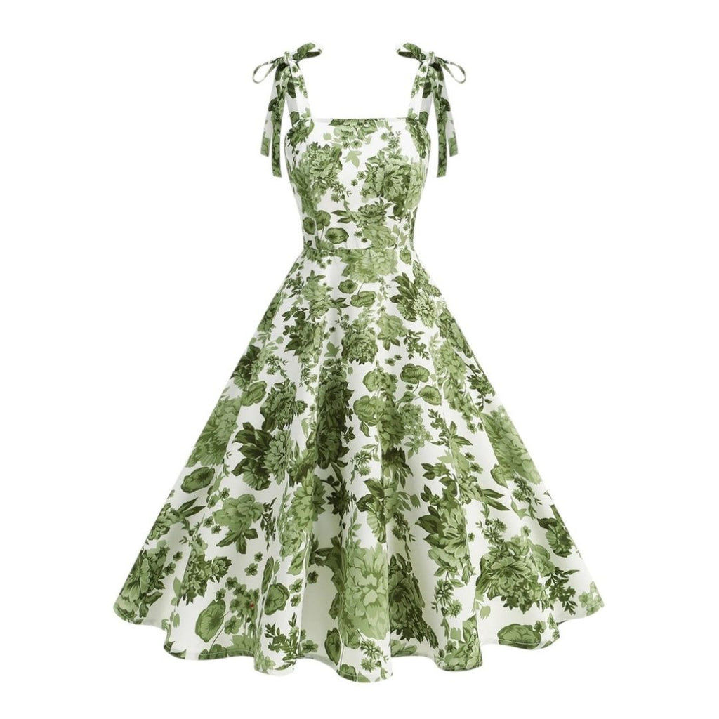 Women's Floral Print Sleeveless Dress with Tie Straps and Full A-Line Skirt