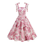 Women's Floral Print Sleeveless Dress with Tie Straps and Full A-Line Skirt