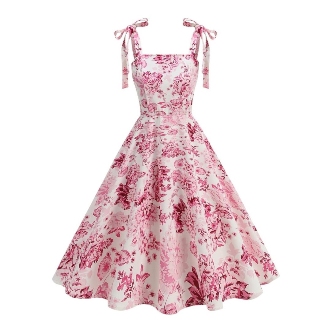 Women's Floral Print Sleeveless Dress with Tie Straps and Full A-Line Skirt