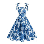 Women's Floral Print Sleeveless Dress with Tie Straps and Full A-Line Skirt
