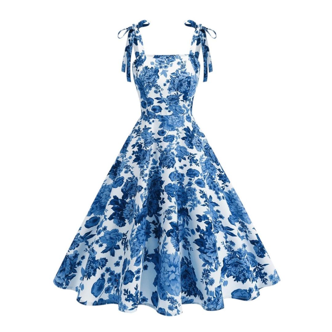 Women's Floral Print Sleeveless Dress with Tie Straps and Full A-Line Skirt