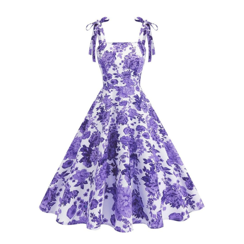 Women's Floral Print Sleeveless Dress with Tie Straps and Full A-Line Skirt