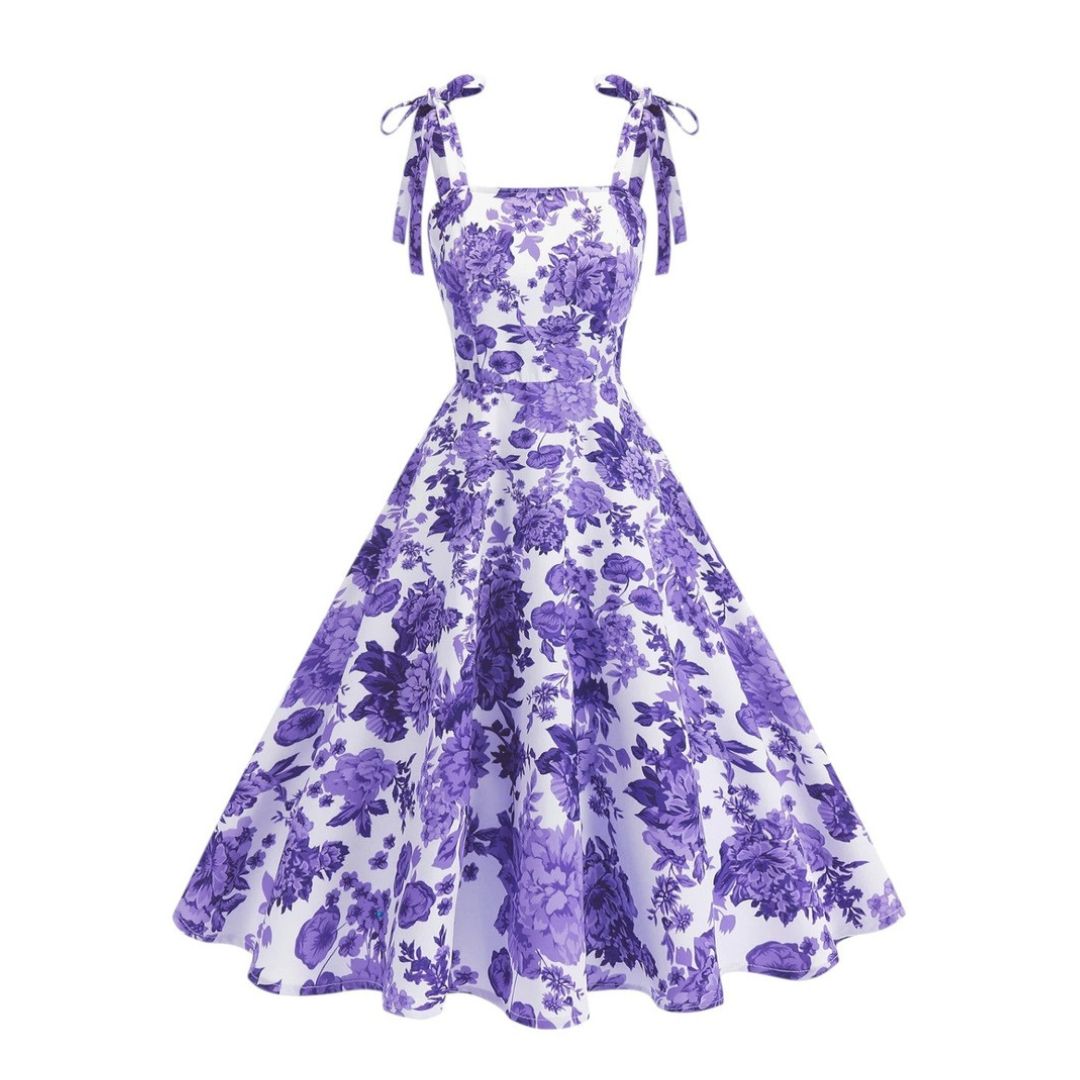 Women's Floral Print Sleeveless Dress with Tie Straps and Full A-Line Skirt