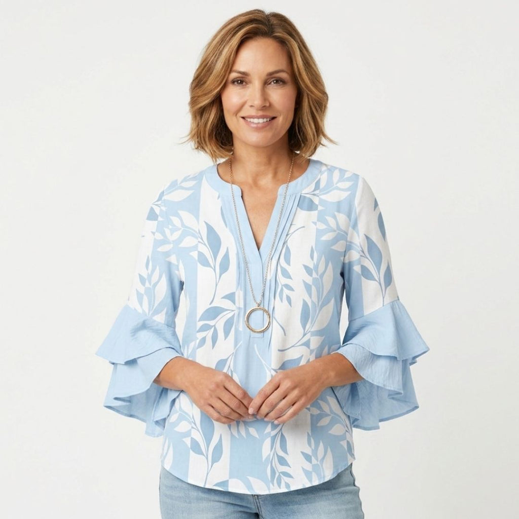 Women's Floral Ruffle Sleeve Blouse with V-Neck