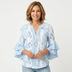 Women's Floral Ruffle Sleeve Blouse with V-Neck
