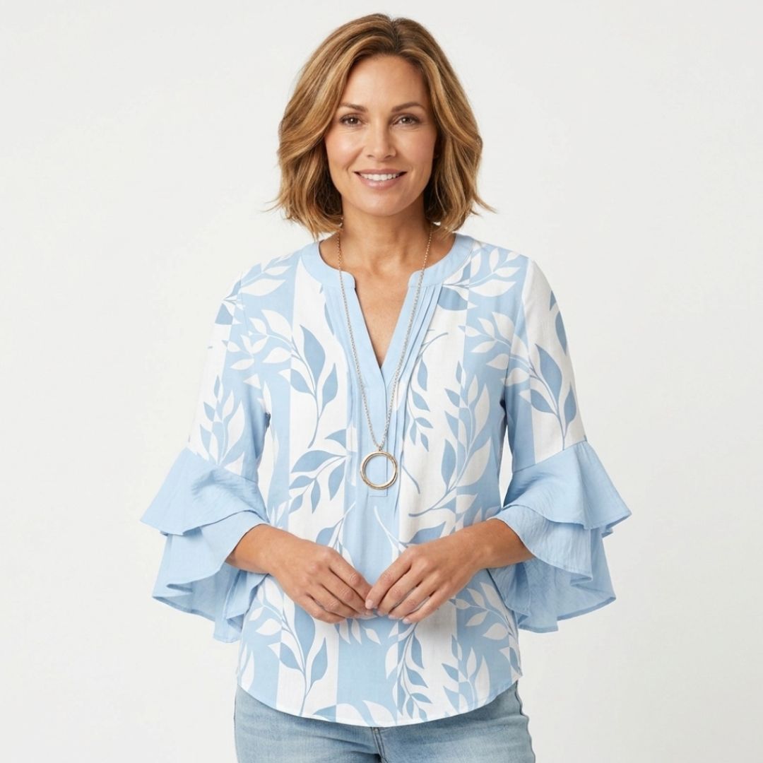 Women's Floral Ruffle Sleeve Blouse with V-Neck
