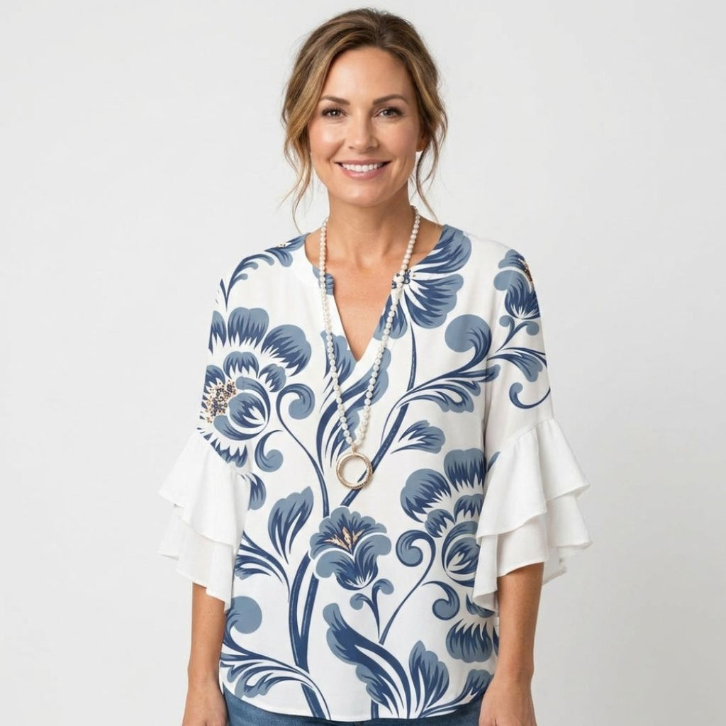 Women's Floral Ruffle Sleeve Blouse with V-Neck